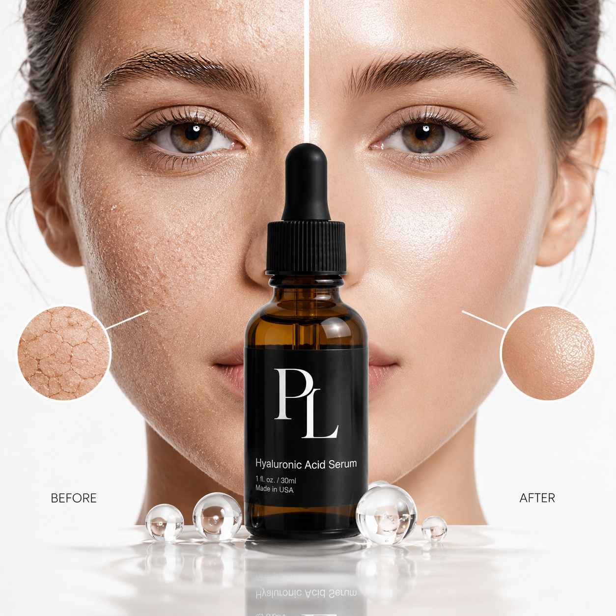 PL Hyaluronic Acid Serum bottle with a split-face comparison showing before and after effects.