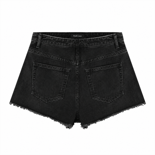 The Vintage-Wash High-Rise A-Line Denim Shorts BlackDenimShortswithPoshLanaLabel