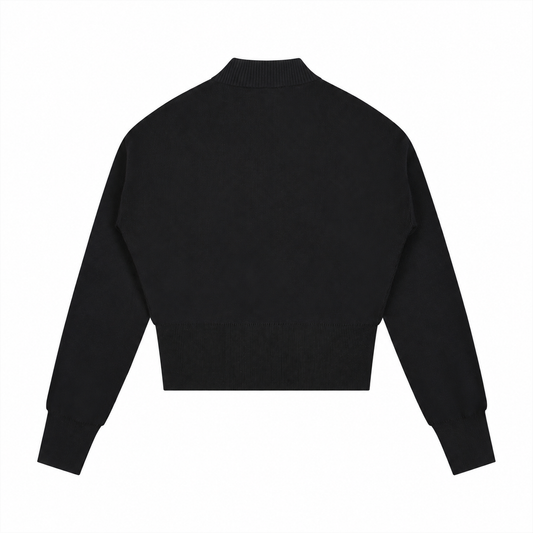The Sculpted Mock-Neck Zip-Up Cardigan BlackKnittedBomberJacketBackView