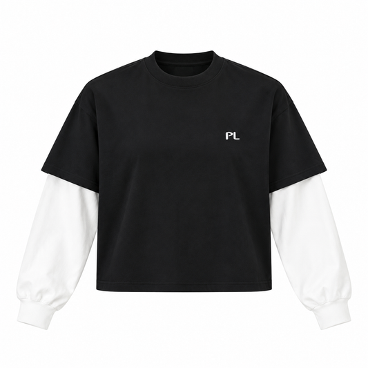 The Contrast Panel Long Sleeve Black Tee Black with White BlackLayeredTeewithWhiteSleeves