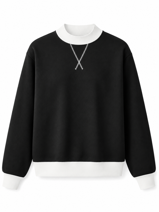 Mock Neck Sweatshirt for Women Black with White Blackcrewnecksweatshirtwithwhiteaccents