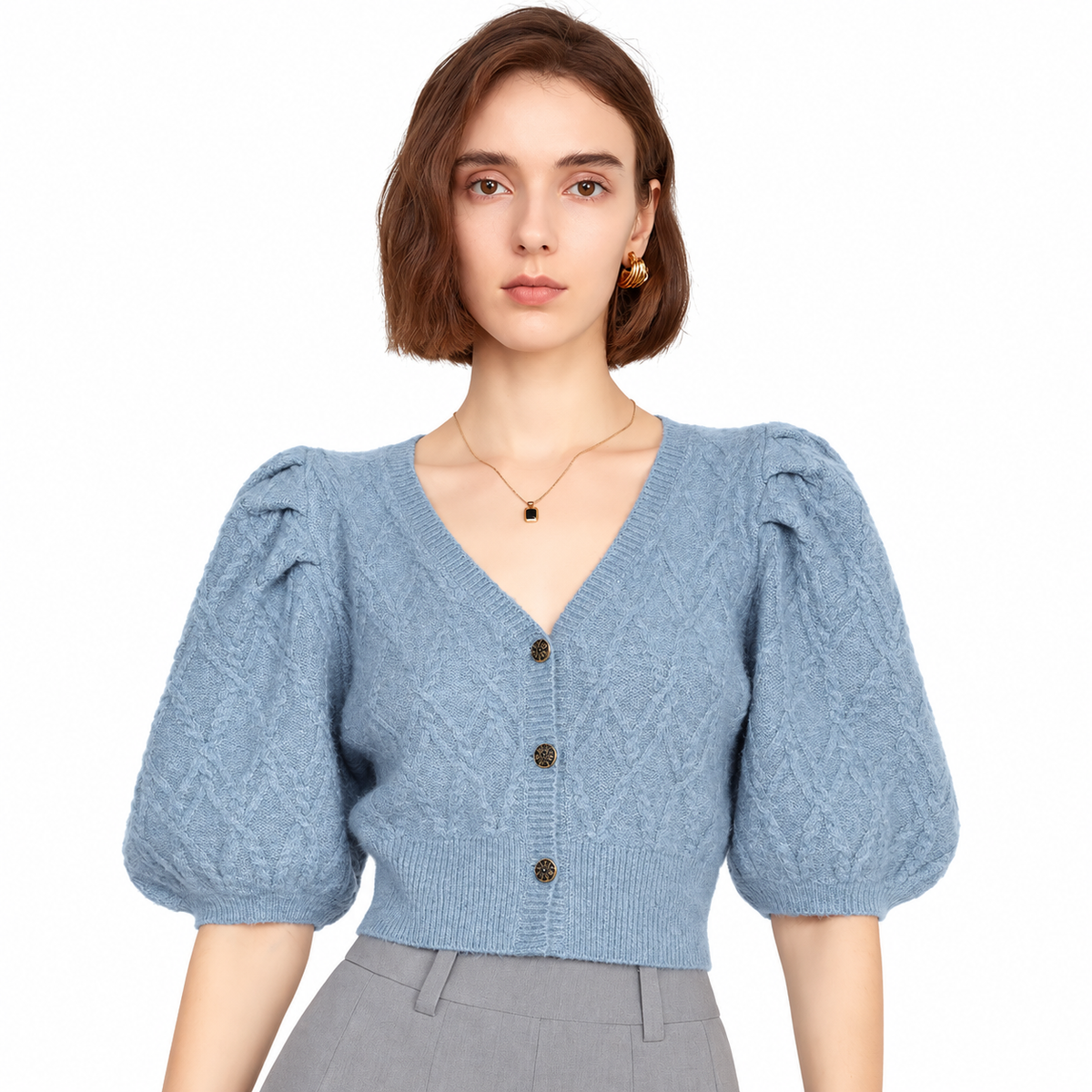 The Sculpted Puff-Sleeve V-Neck Cardigan BluePuff-SleeveCardiganLook
