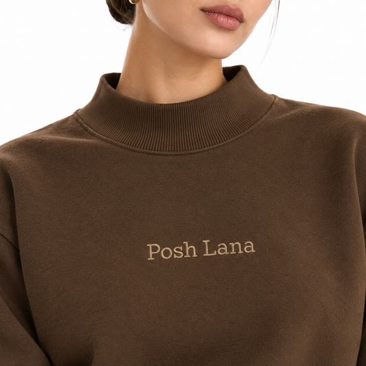 The Relaxed Fleece Mock-Neck Brown Sweatshirt Brown BrownSweatshirtwithPoshLanaEmbroidery