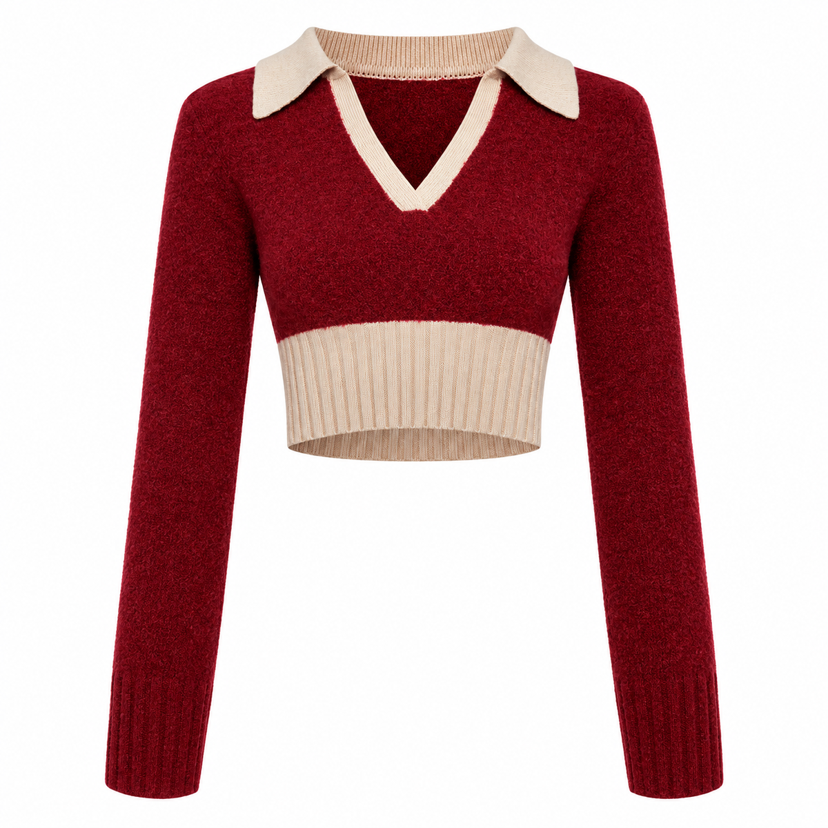 The Merlot Cropped Wool-Blend Sweater Burgundy BurgundyCroppedPoloKnitSweater