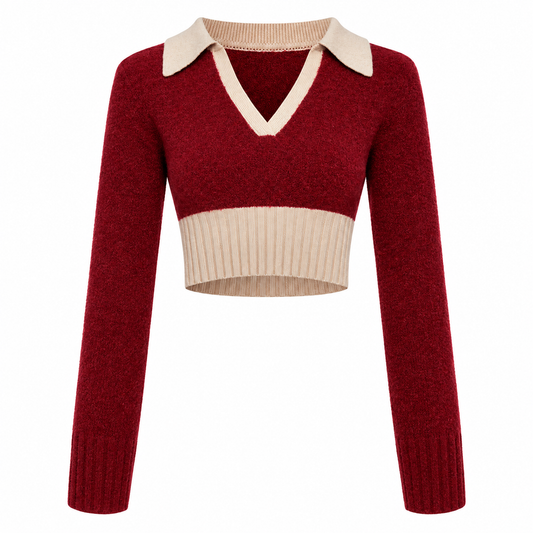 The Merlot Cropped Wool-Blend Sweater Burgundy BurgundyCroppedPoloKnitSweater