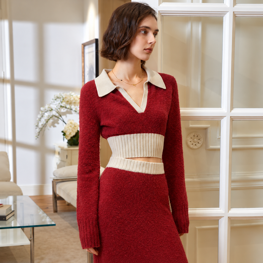 The Merlot Cropped Wool-Blend Sweater BurgundyKnitEditorialPortrait