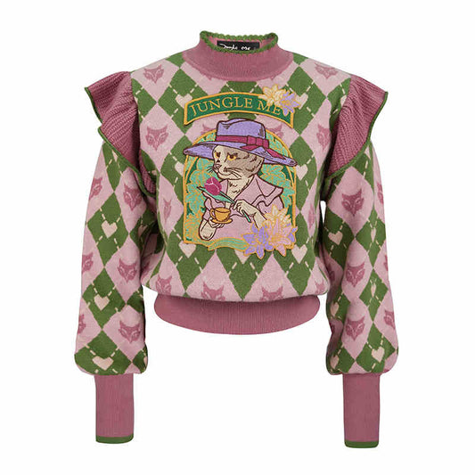 The Rosewood Cat-Embroidered Ruffle Sweater rose red one size C1E5C65424820B643709D2BBF9C8271C