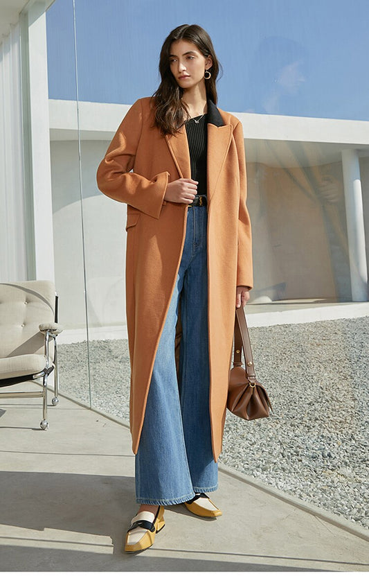 Women's Camel Wool Blend Overcoat | Long Single-Breasted Coat
