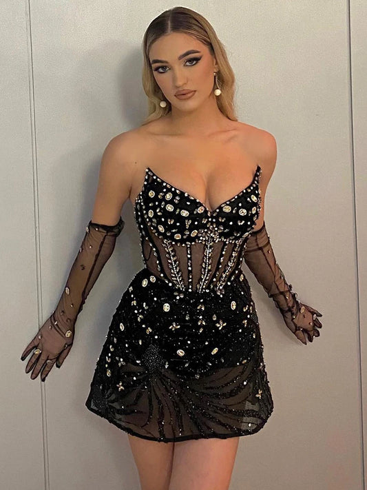 Women's Black Strapless Mini Dress | Crystal Detail