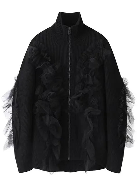 The Sheer-Panel Stand-Collar Zip Cardigan Black C381AB0FE65D70877A9A1F1D8CA0A028