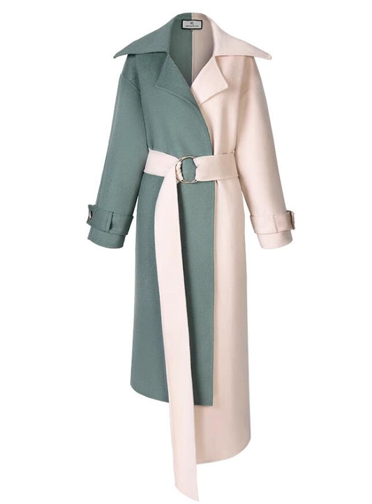 Women's Patchwork Wool Blend Coat | Contrast Lace-Up Overcoat