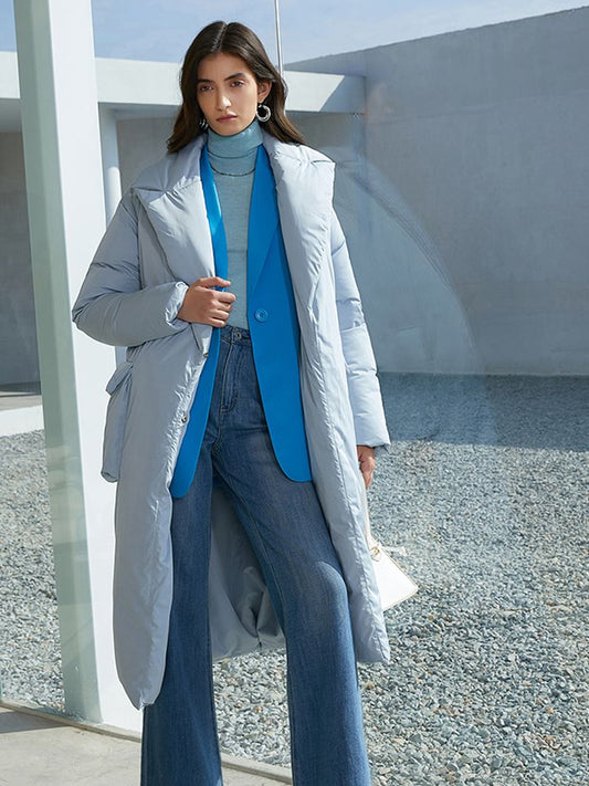 Women's Long Lapel Down Coat | Grey Blue