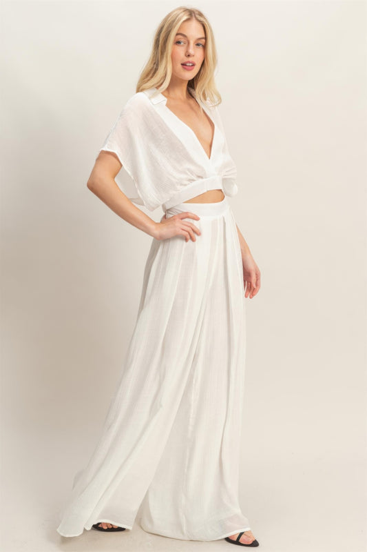 Collared Wrap Top & Wide-leg Pants Set CC60537BSI1