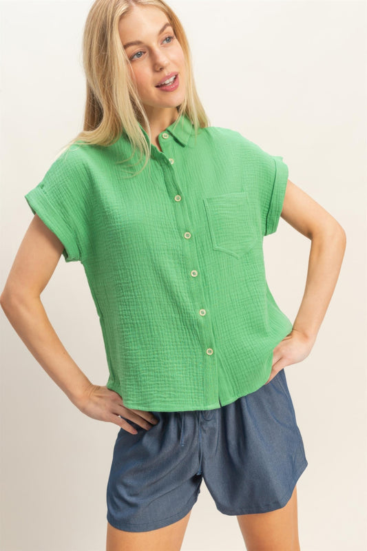 Rolled Sleeve Cotton Button-Up Top CC60543BSI2