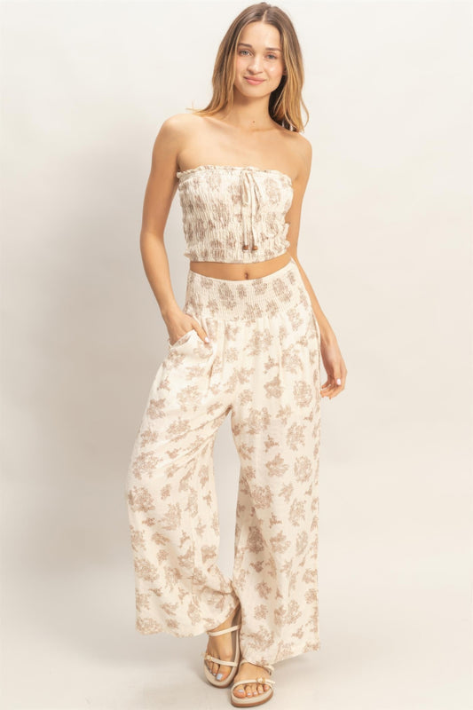 Smocked Tube Top &amp; Wide-Leg Pants Set CC60622BSI1