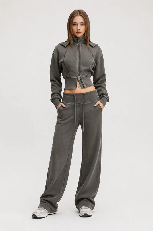 Vintage Washed Cropped Fleece Hoodie for Women Casualathleisureportraitingray