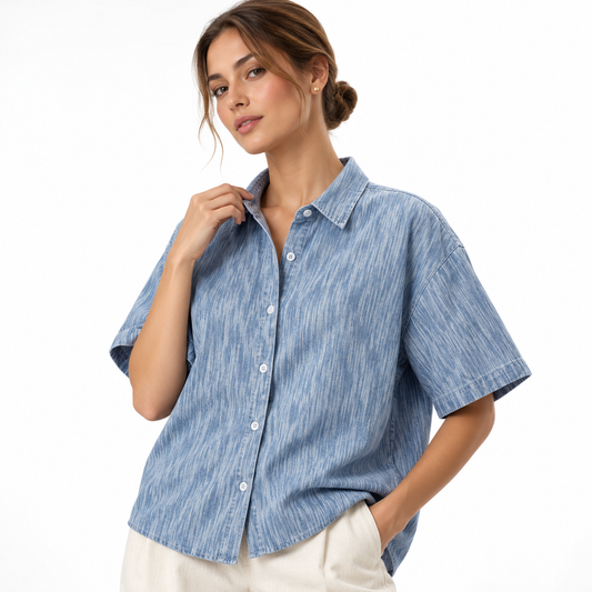 The Vintage-Wash Boxy Denim Shirt ChambrayShirtEditorialPortrait
