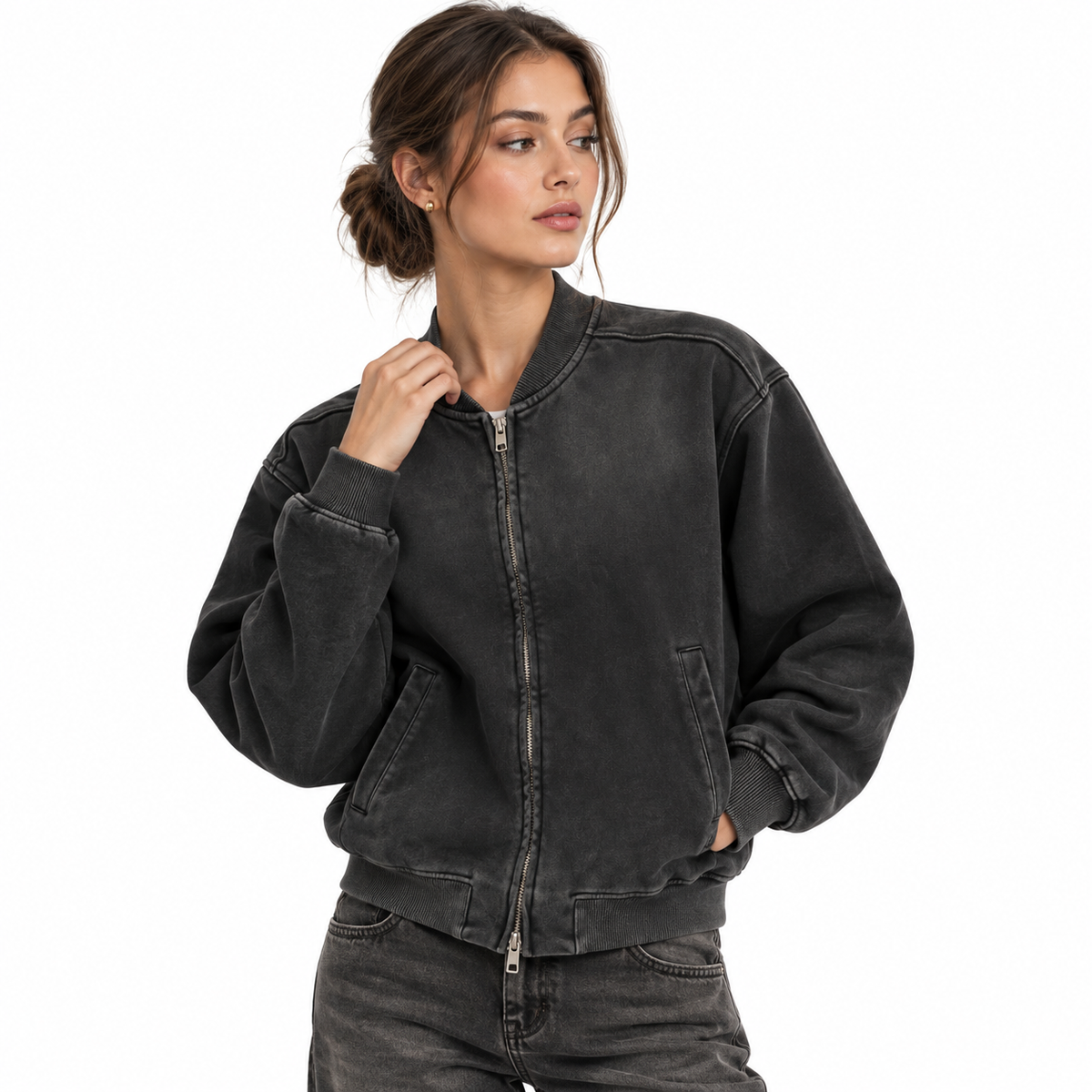 The Sun-Faded Heavyweight Baseball Jacket CharcoalBomberStudioPortrait