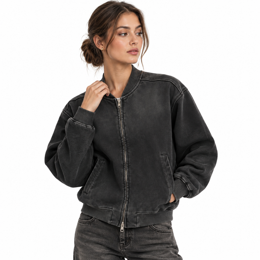 The Sun-Faded Heavyweight Baseball Jacket CharcoalBomberStudioPortrait