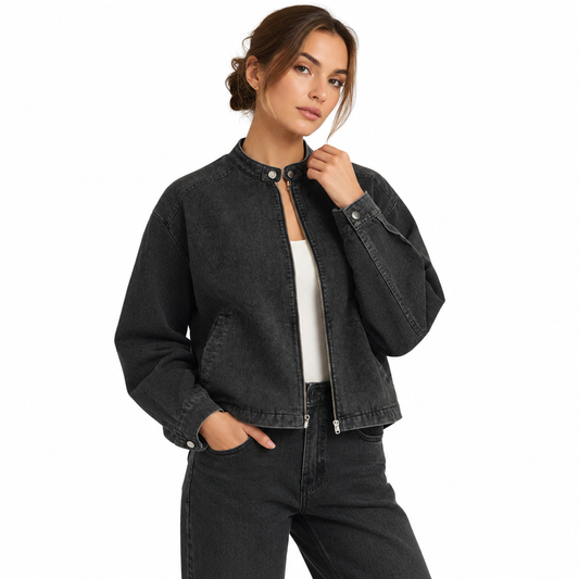 The Vintage-Wash Cropped Denim Jacket CharcoalDenimJacketStudioPortrait