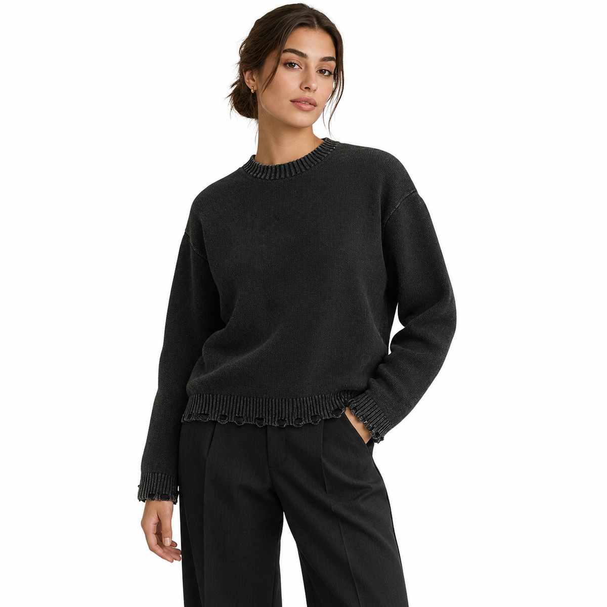 Vintage Washed Hand-Frayed Sweater CharcoalKnitSweaterStudioPortrait