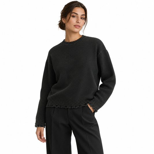 The Vintage-Wash Hand-Frayed Cotton Sweater CharcoalKnitSweaterStudioPortrait