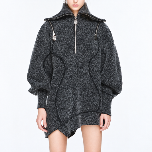 The Plush High-Neck Off-Shoulder Knit Coat Dark Gray CharcoalTexturedAsymmetricalKnitDress