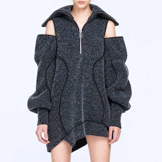 The Plush High-Neck Off-Shoulder Knit Coat Charcoal_Cold-Shoulder_Knit_Dress