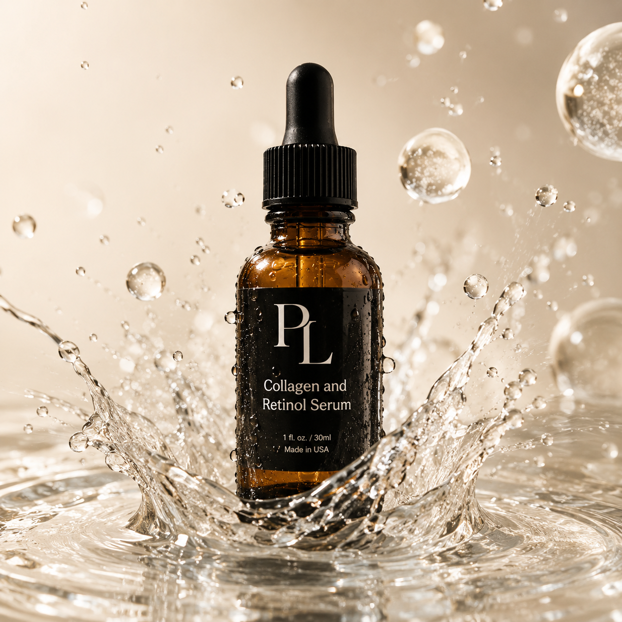 Collagen and Retinol Serum bottle with dropper surrounded by water splashes on a beige background