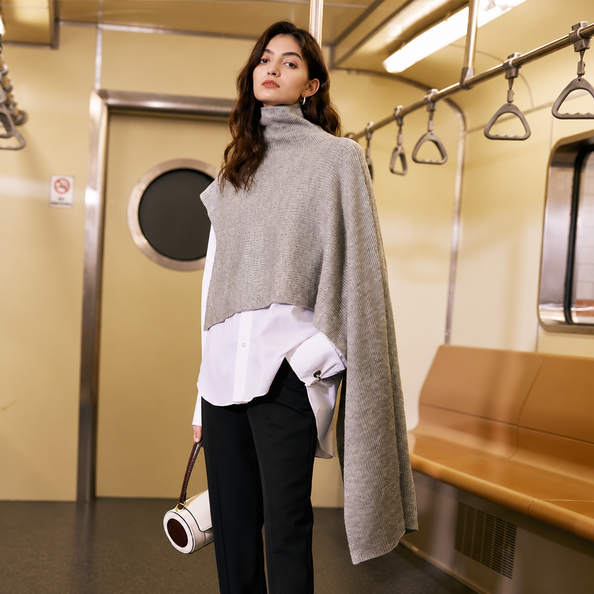 The Sculpted High-Neck Asymmetric Cape Sweater ChicCommuterinaMetroCar
