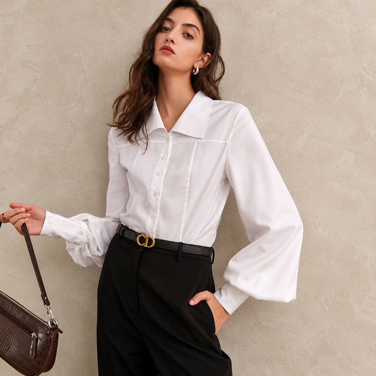 The Refined White Cotton-Blend Shirt ChicEditorialPortraitwithTexturedHandbag