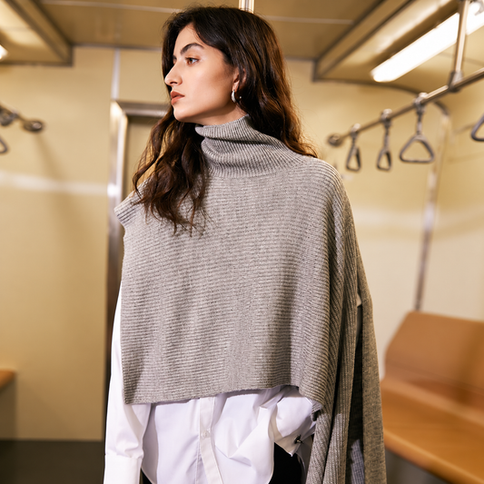 The Sculpted High-Neck Asymmetric Cape Sweater ChicTurtleneckPortraitontheSubway