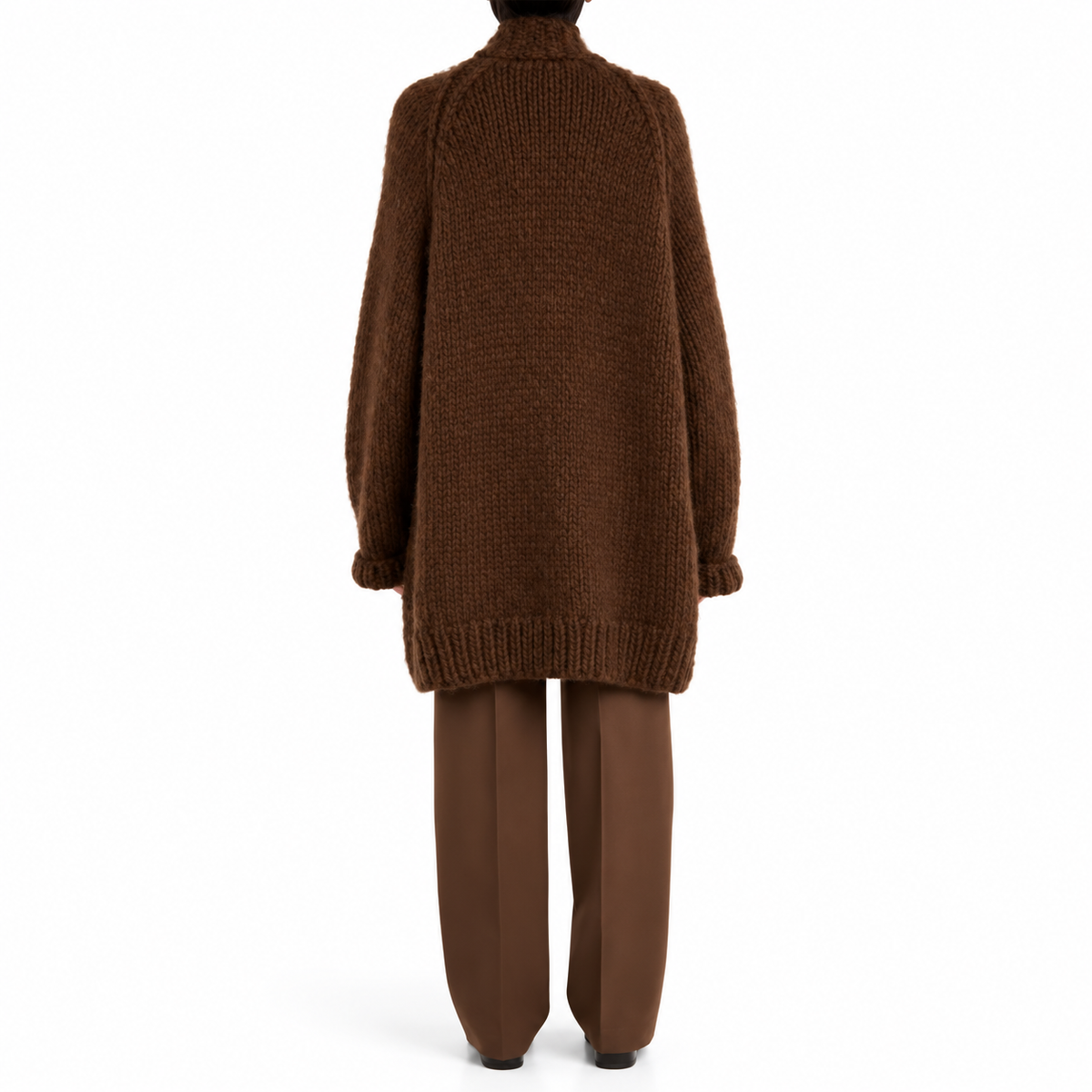 The Cocoa Open-Collar Knit Cardigan ChocolateKnitEnsembleBackView