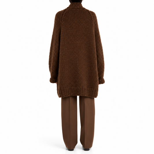 The Cocoa Open-Collar Knit Cardigan ChocolateKnitEnsembleBackView