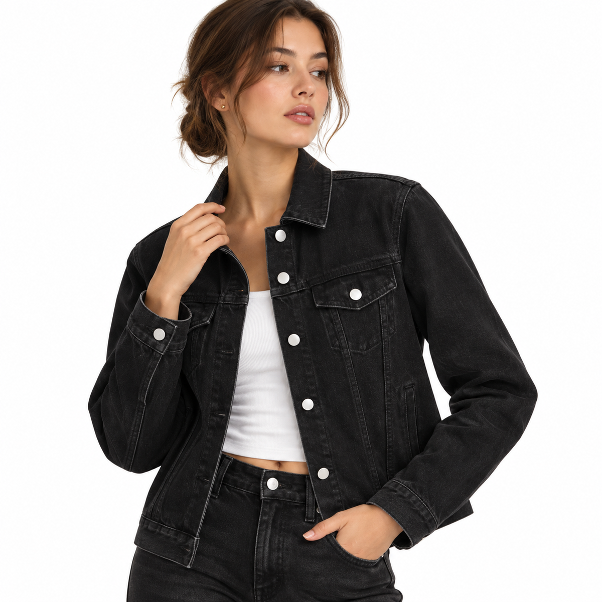 The Vintage-Wash Denim Jacket ContemplativeBlackDenimStudioPortrait