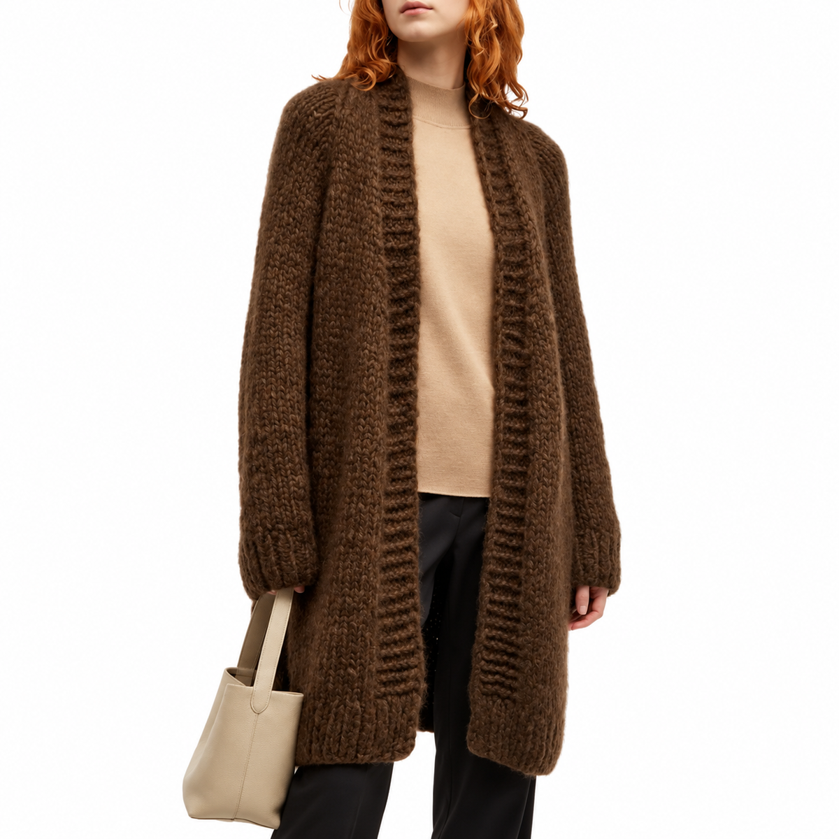 The Cocoa Open-Collar Knit Cardigan CozyBrownKnitCardiganLook
