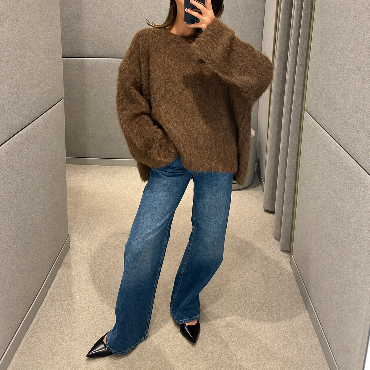 The Alpaca Relaxed Crewneck Sweater CozyBrownSweaterMirrorSelfie