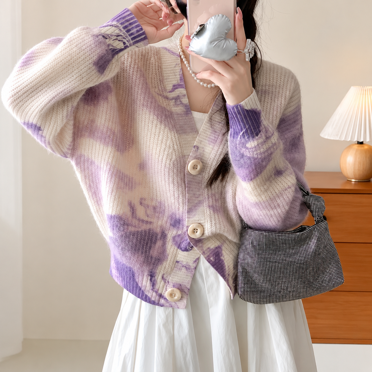 The Contrast Panel V-Neck Cardigan PURPLE One Size CozyLavenderCardiganMirrorSelfie