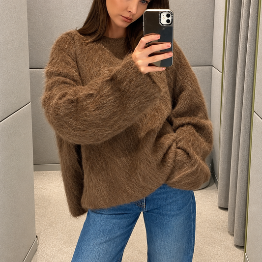 The Alpaca Relaxed Crewneck Sweater A khaki CozyTaupeSweaterMirrorSelfie