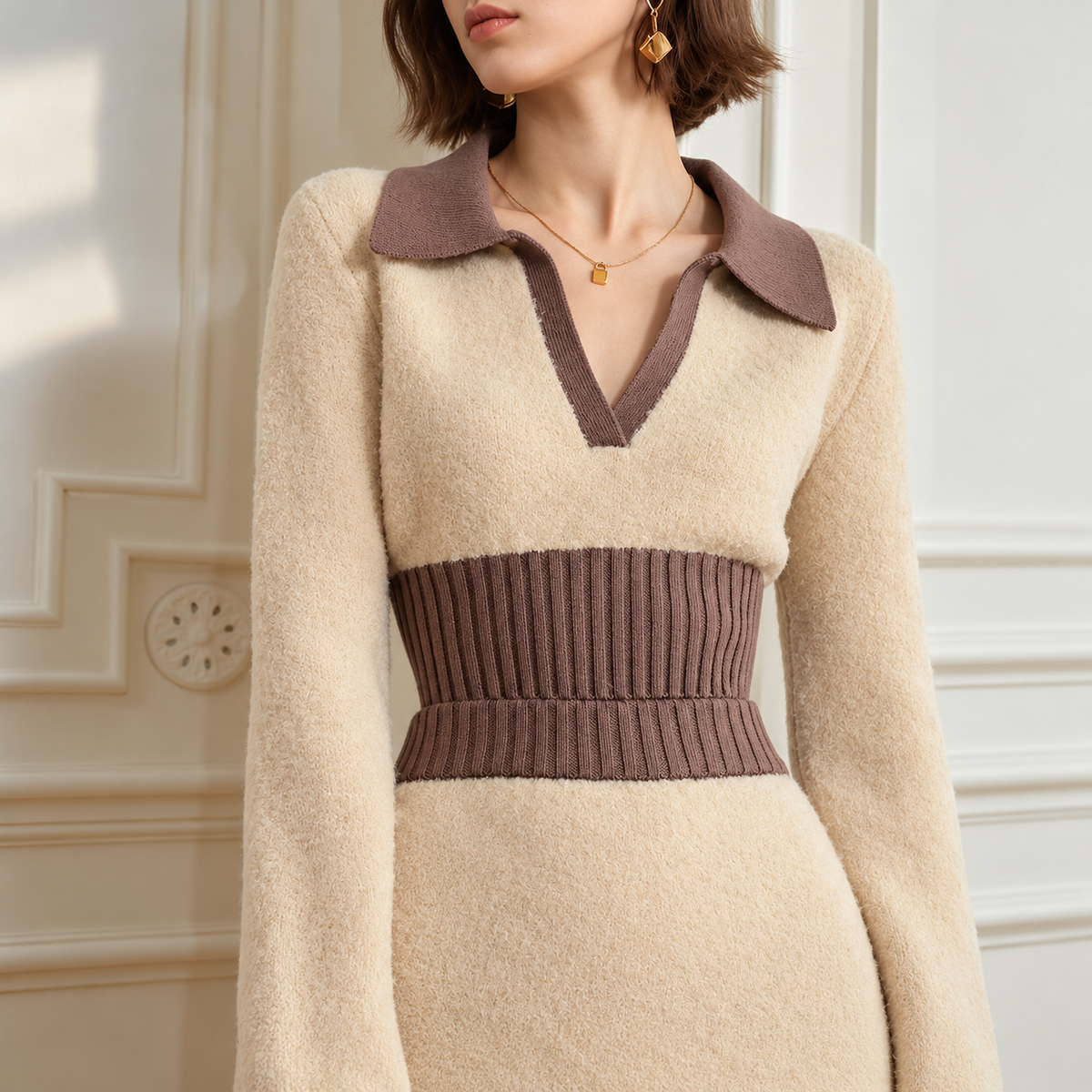 The Merlot Cropped Wool-Blend Sweater Cozy_Taupe_Knit_Fashion_Portrait