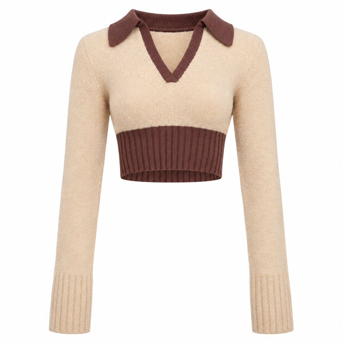 The Merlot Cropped Wool-Blend Sweater Khaki Cropped_Cream_and_Brown_Polo_Sweater