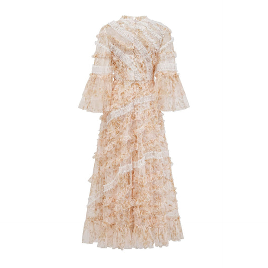 European Fashion Banquet Dress Round Neck Tulle Splicing Layered Flared Slimming Dress