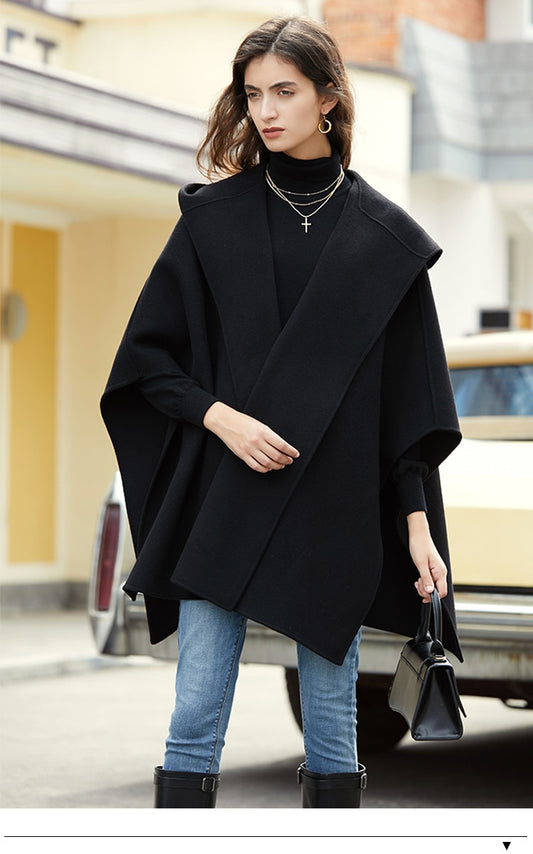 Women's Wool Hooded Poncho Coat | Short Cape Jacket
