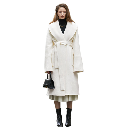 Retro Large-Lapel Wool Waist-Laced Coat