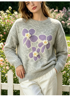 Flower Jacquard Knit Sweater Gray D448F905C439C7AAAC446187C93B9C94