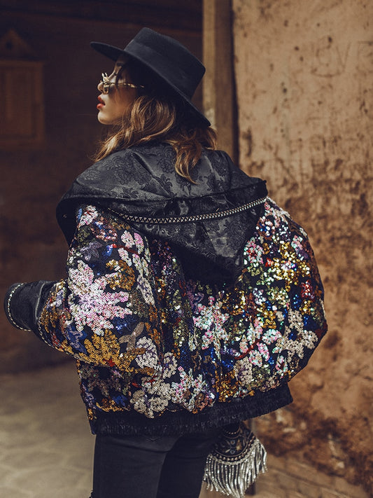 Women's Sequin Hooded Puffer Jacket | Black
