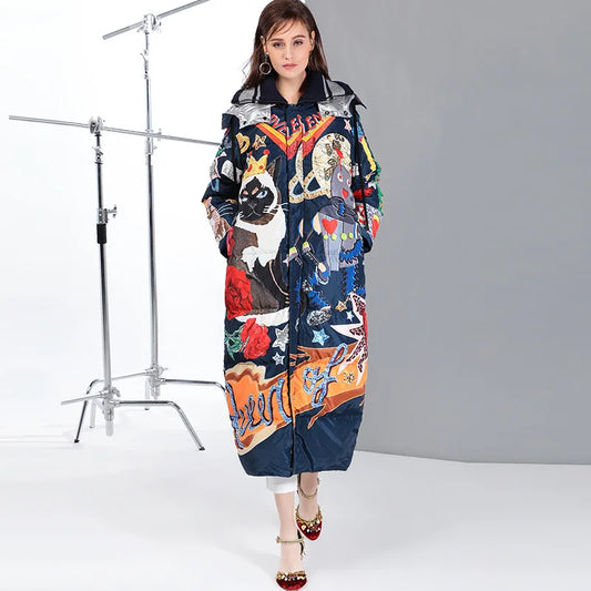 Women's Longline Down Coat | Printed Winter Parka