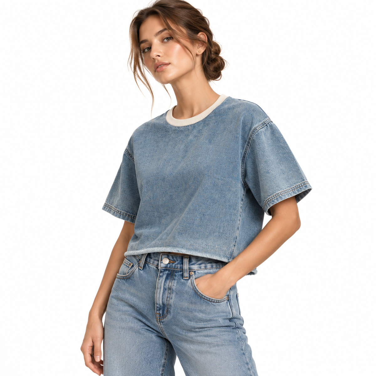 The Snow-Wash Boxy Raw-Edge Tee Denim-on-DenimStudioPortrait