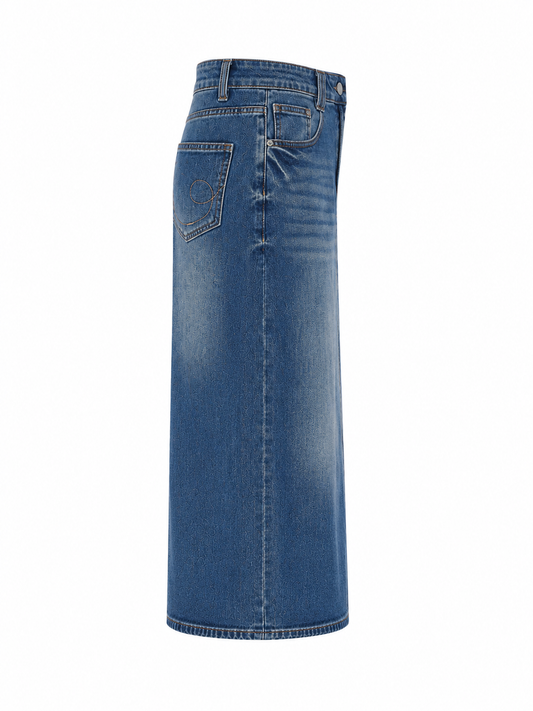 Vintage Wash Denim Midi Skirt for Women Denimskirtincleanstudioshot