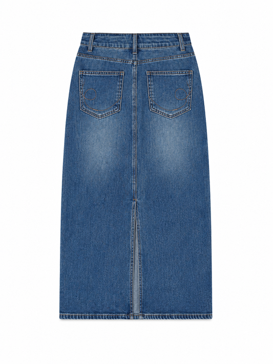 Vintage Wash Denim Midi Skirt for Women